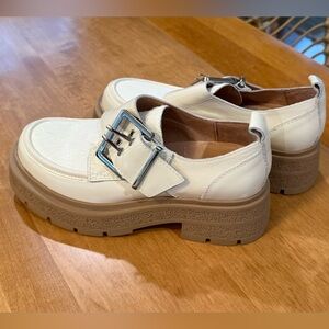 All Black Footwear, Genuine White Leather Loafers with Lugg Sole anSilver Buckle